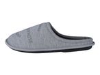 A grey slipper with the words 'HUSTLE' and 'THINGS' printed on it.