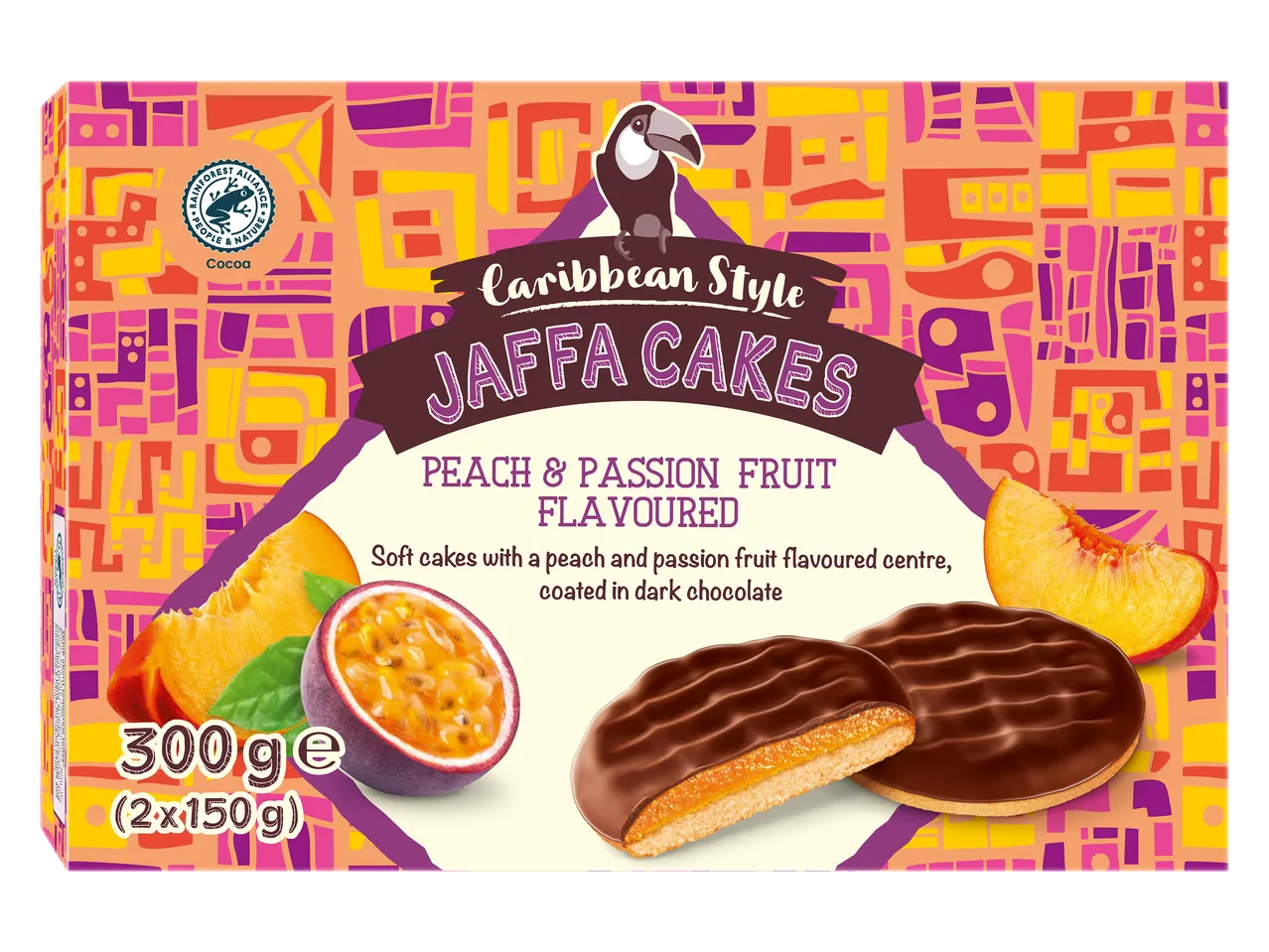 Boîte de gâteaux Jaffa saveur pêche et fruit de la passion, 300g, avec un toucan et un motif abstrait.