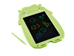 Tronic LCD Writing Tablet in a green hippo shape with colorful drawings and a stylus.