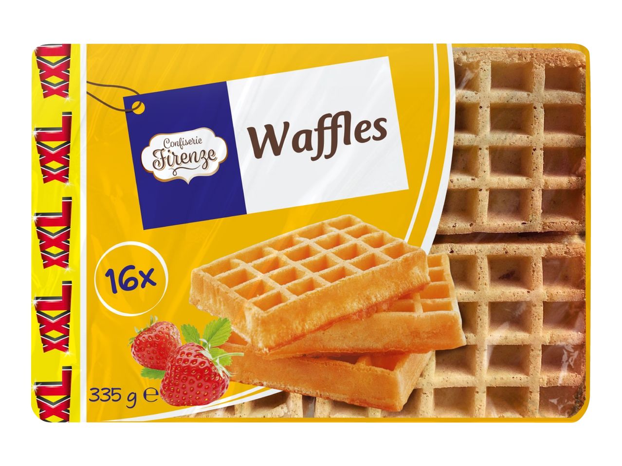 Packaging for waffles with strawberries, showing 16 pieces and 335g weight.