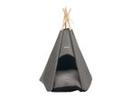 Grey pet teepee with wooden poles and a soft cushion inside.