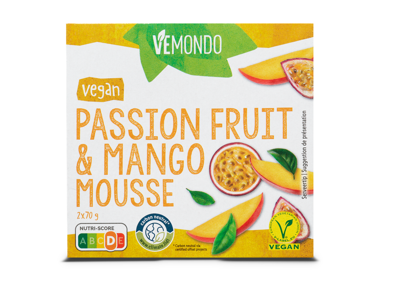 Vemondo vegan mango-passievruchtenmousse.
