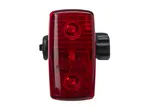 Red bicycle rear light with two circular LEDs and a black mounting bracket.