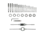 Taps, dies, wrenches, and handle: complete threading set.