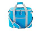 A bright blue insulated cooler bag with gray accents and a shoulder strap.