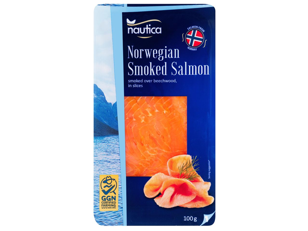 Nautica norvég füstölt lazac csomagolása, 100 g-os kiszerelésben.