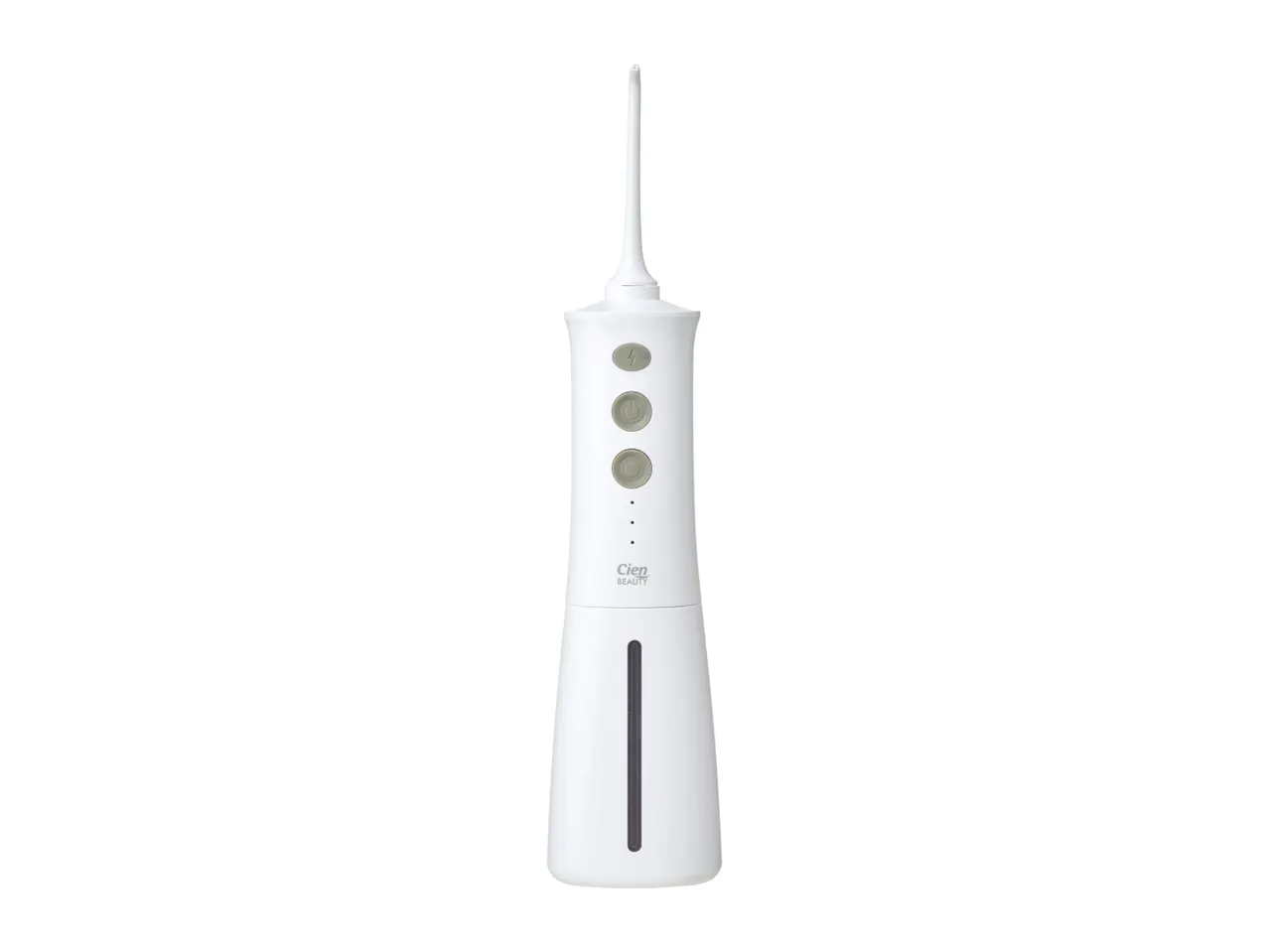 White cordless water flosser with three grey buttons and a transparent water tank.