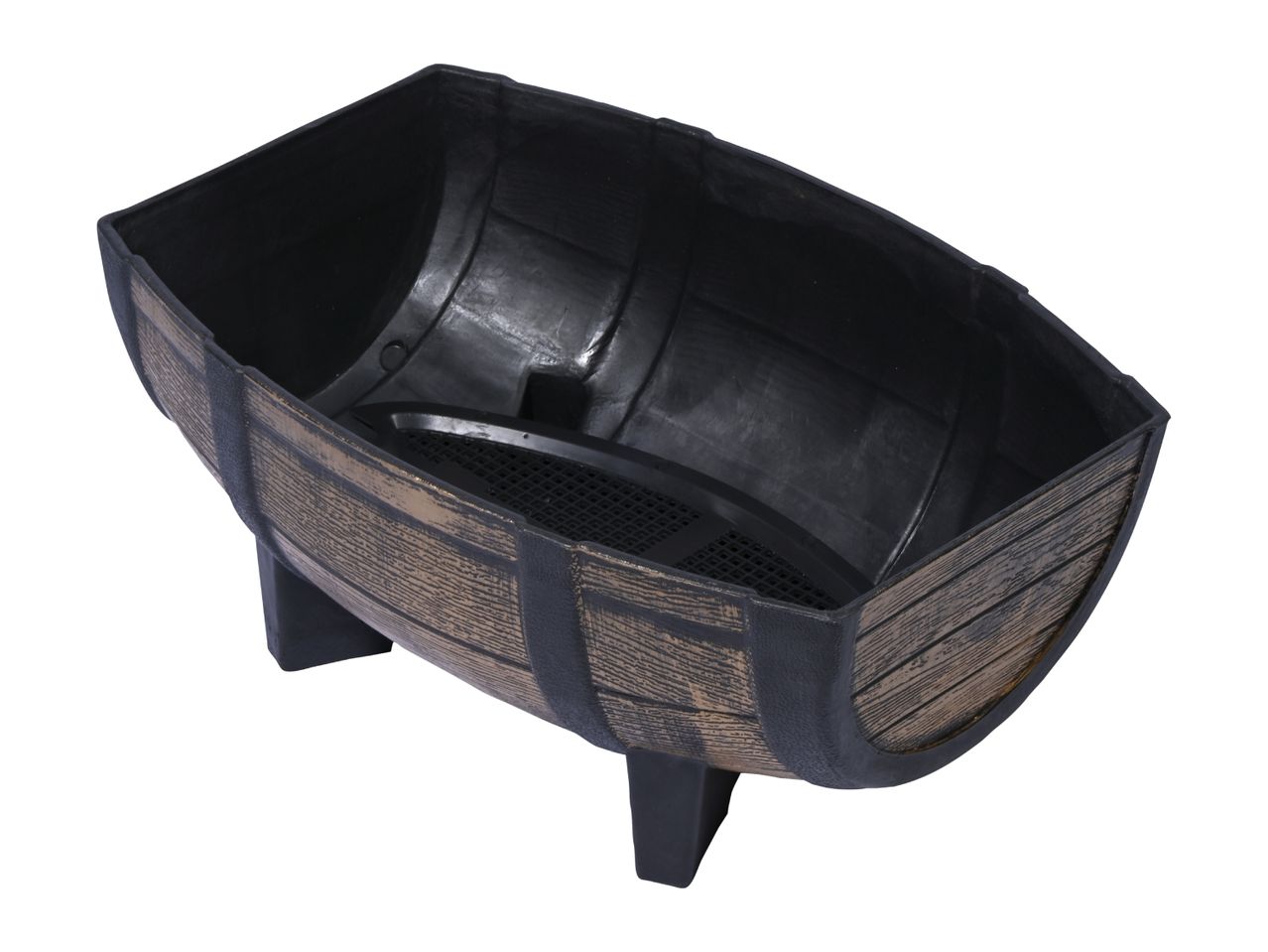 Brown and black barrel-shaped planter with a textured wood-like finish.