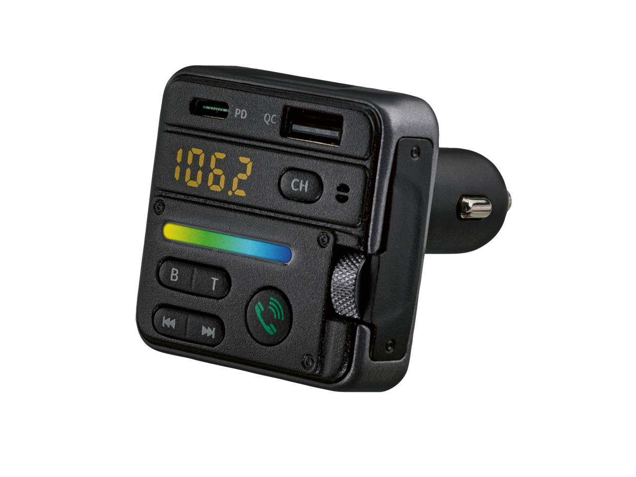 Transmissor de áudio FM Bluetooth Tronic com display, portas USB e ficha de carregador de carro.