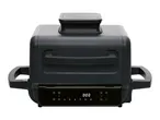 Black air fryer with a digital display showing 0:00 and various cooking icons.