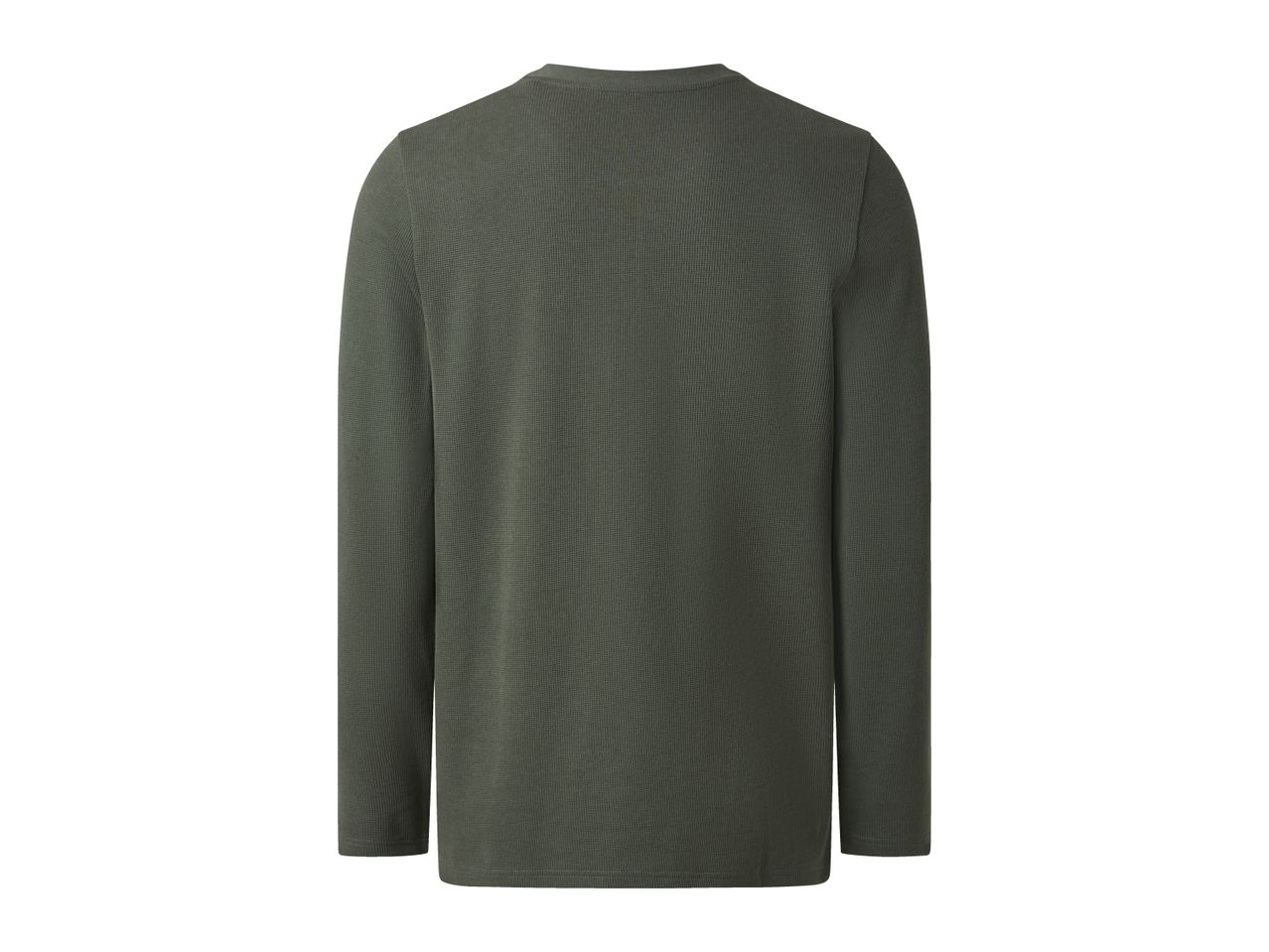 Back view of a dark green long-sleeved waffle knit shirt.