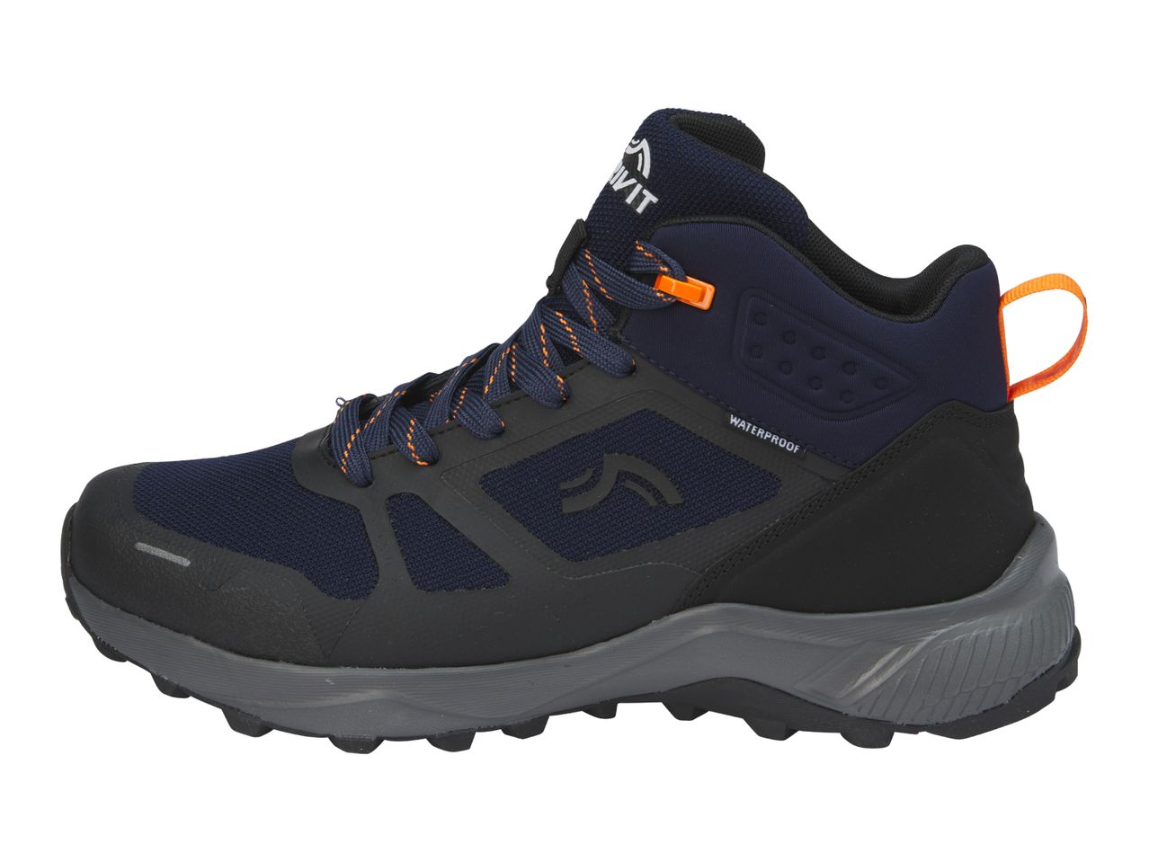 Dark blue and black waterproof mid-cut hiking shoe with orange details