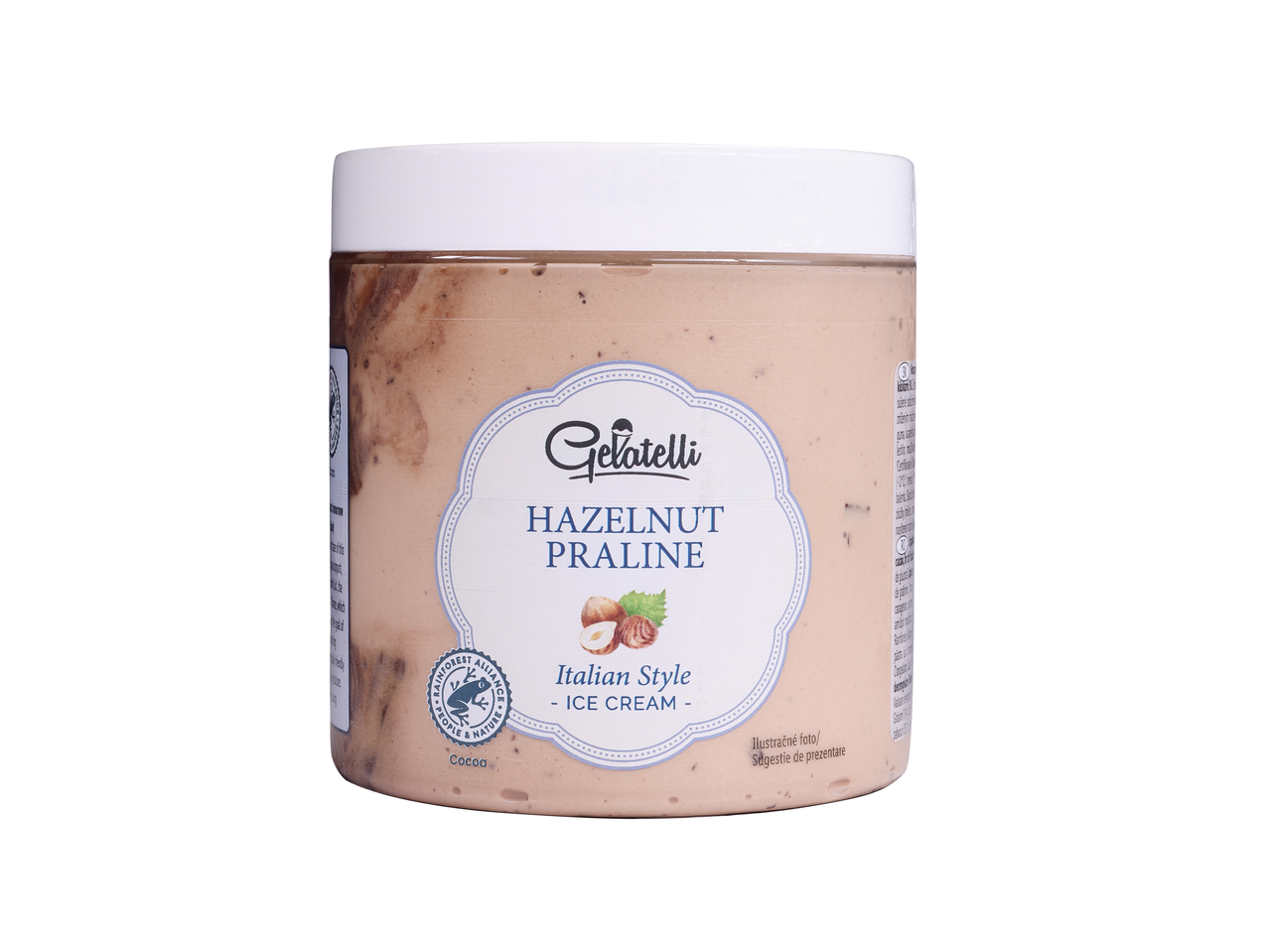 Înghețată stil italian cu praline de alune și certificare Rainforest Alliance pentru cacao.