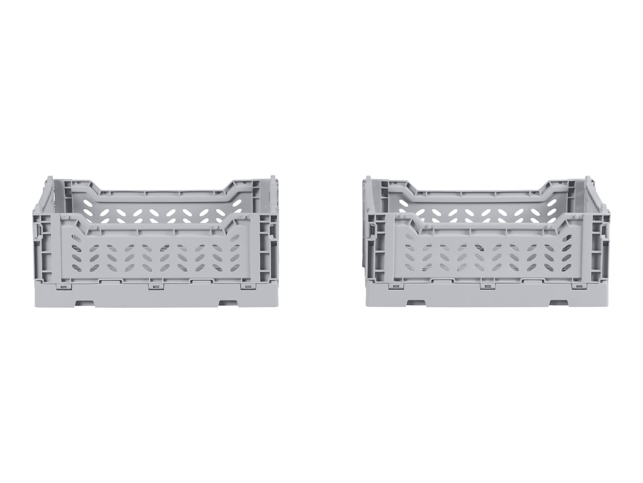 Two light grey foldable storage crates with perforated sides.