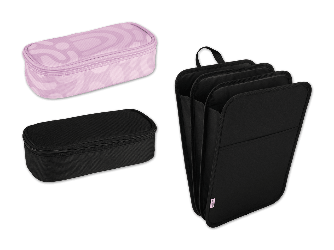 Zwei Stiftetuis und eine faltbare schwarze Tasche mit mehreren Fächern.