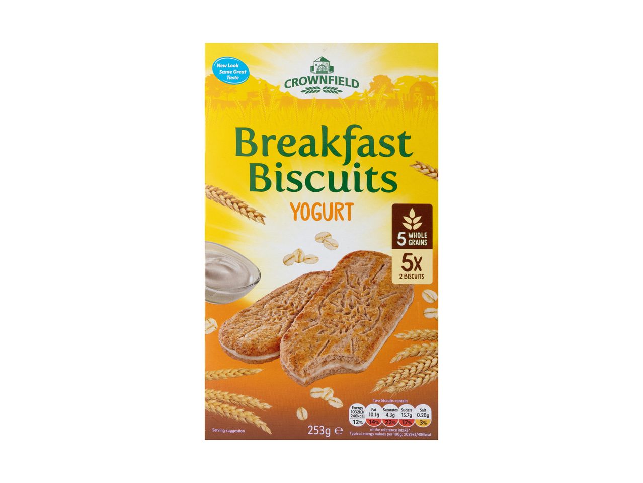 Crownfield Breakfast Biscuits with Yogurt, featuring whole grains and nutritional information.