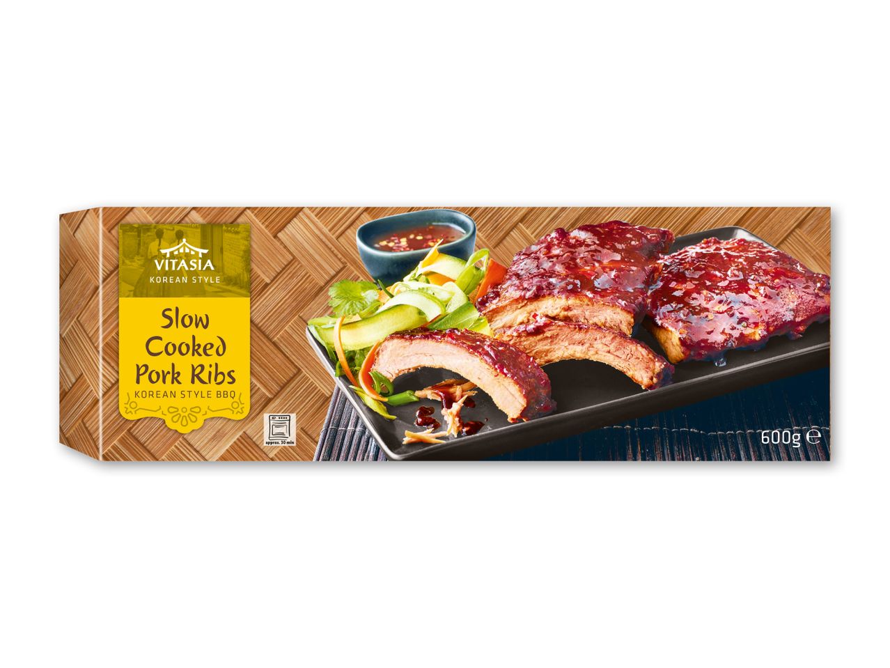 Langtidsstegte svineribben i koreansk stil med salat og sauce, 600g.