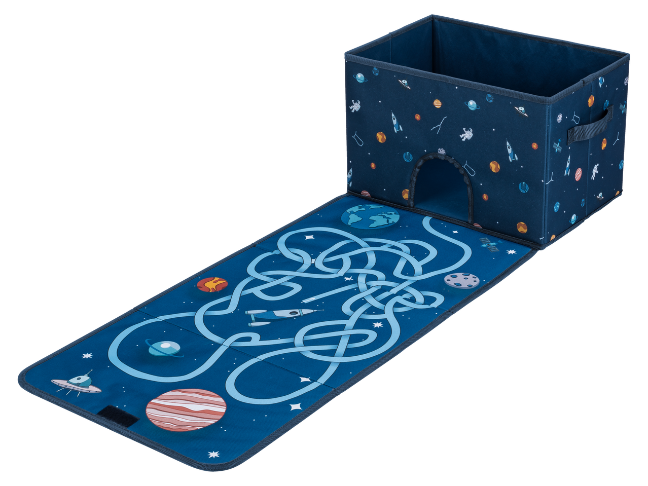 Jeu éducatif spatial avec boîte et tapis labyrinthe.