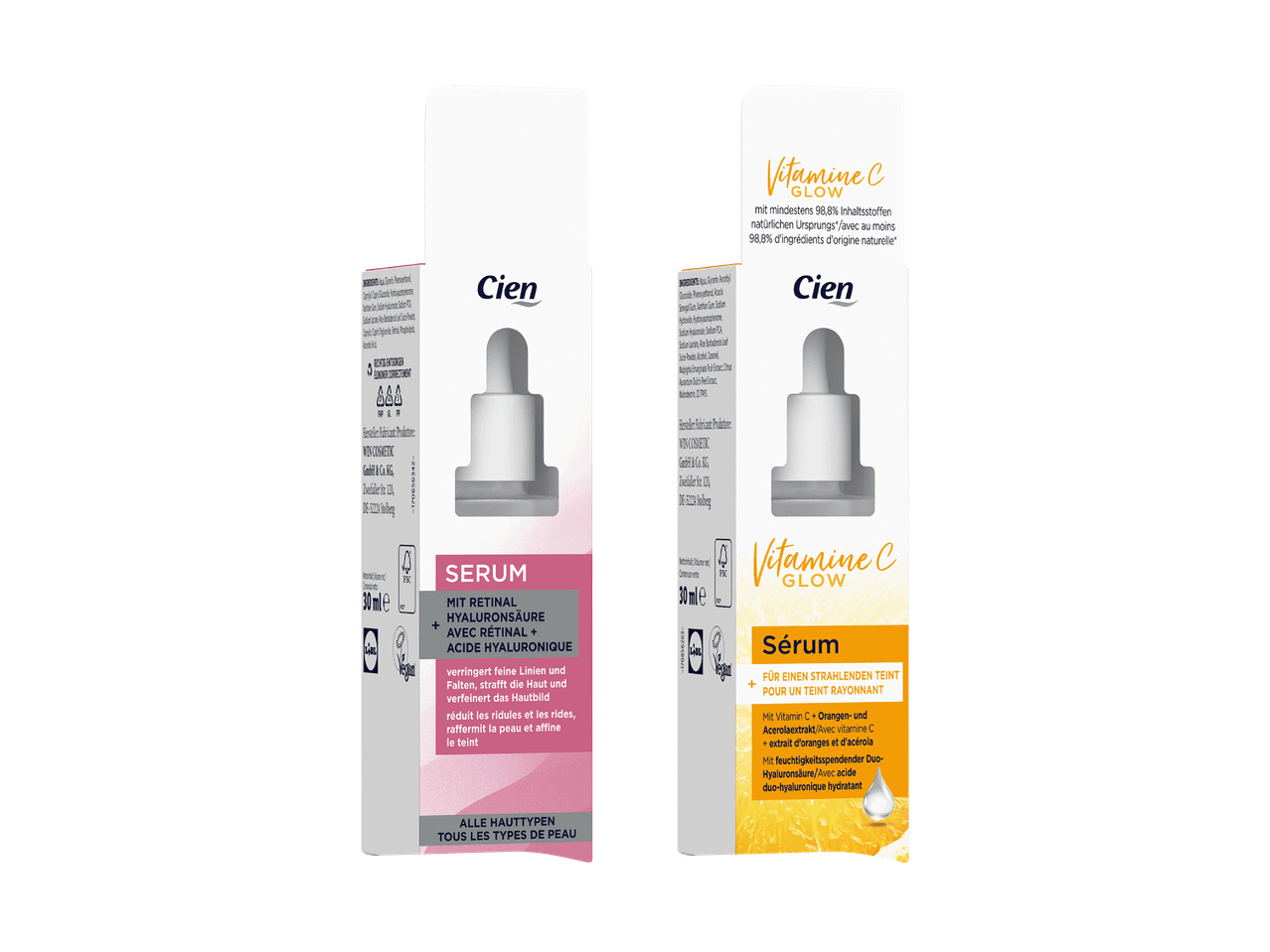 Due sieri viso, uno con retinolo e acido ialuronico, l'altro con vitamina C, per tutti i tipi di pelle.
