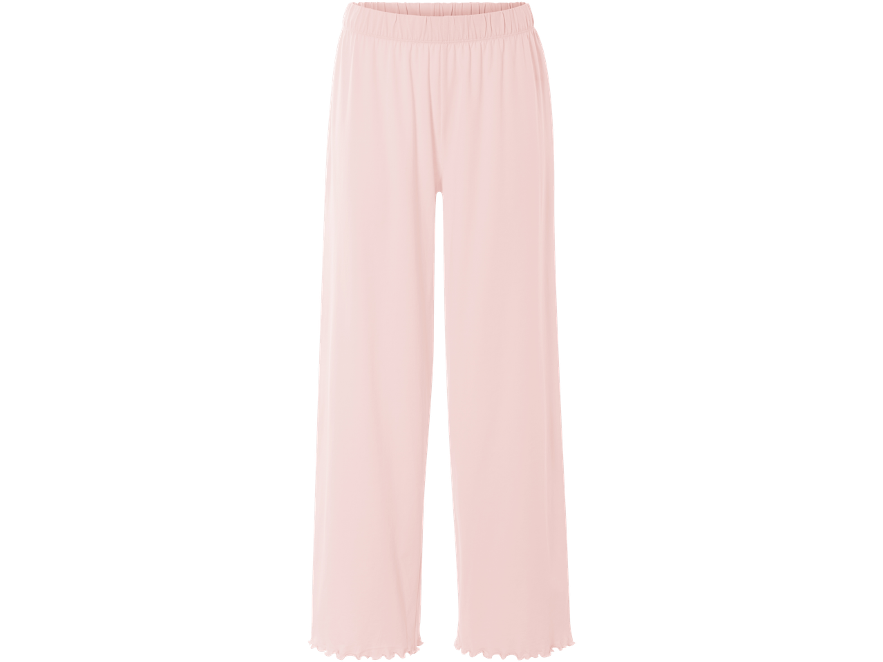 Roza hlače z elastičnim pasom in volanastim robom.