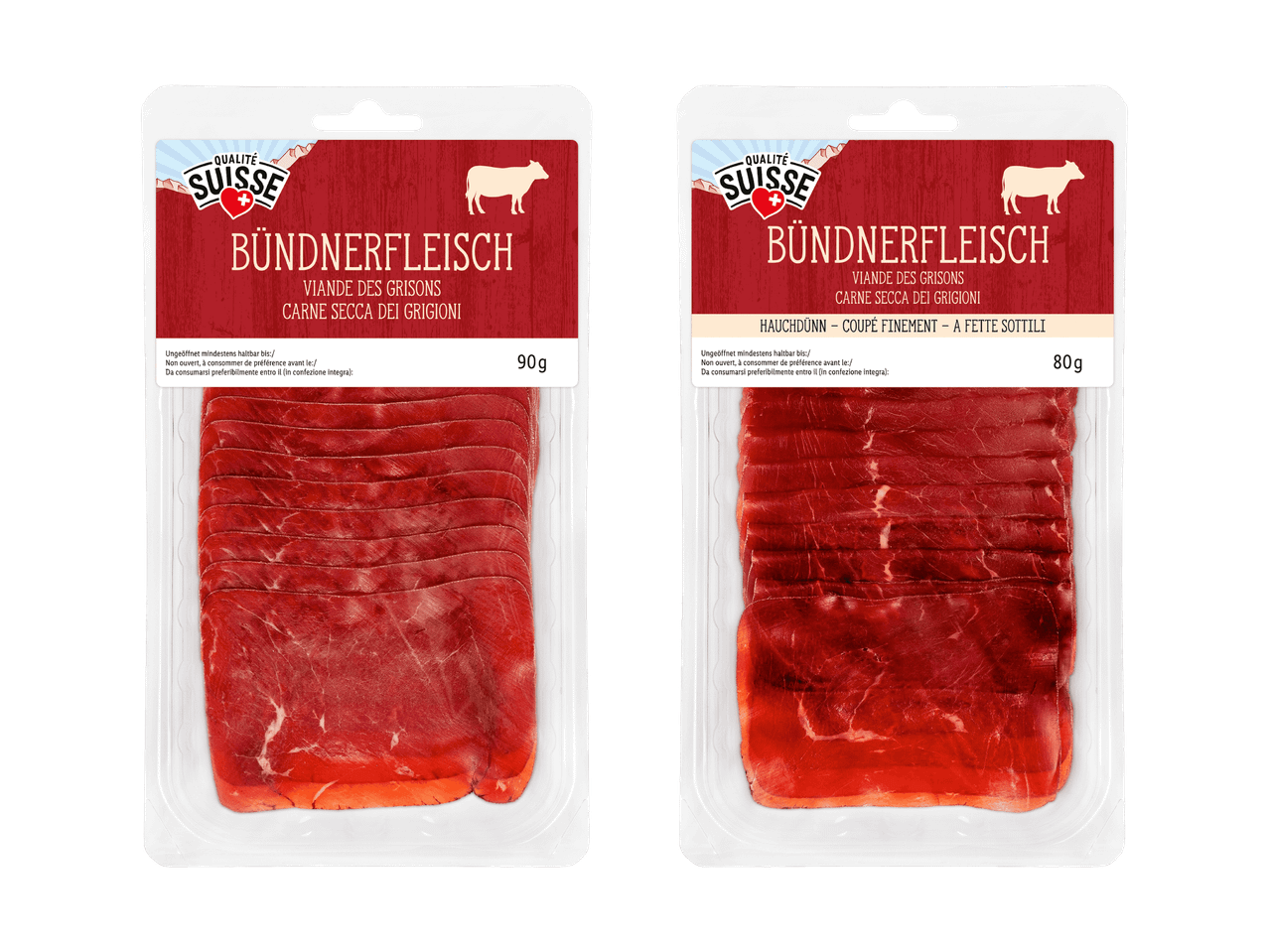 Zwei Packungen Bündnerfleisch, eine 90g und eine 80g, mit roten Etiketten und Qualité Suisse Logo.