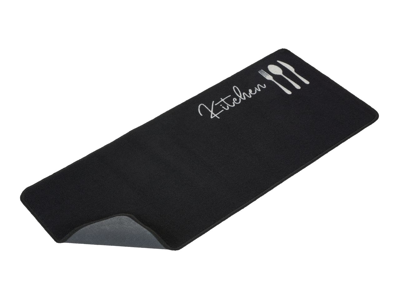 Black kitchen drying mat with utensil graphic.