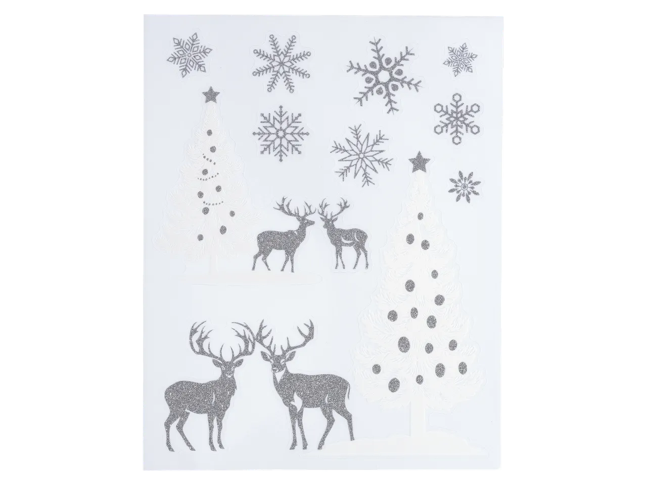 Livarno Home Ziemassvētku logu uzlīmes ar mirdzošām sniegpārslām, kokiem un briežiem.