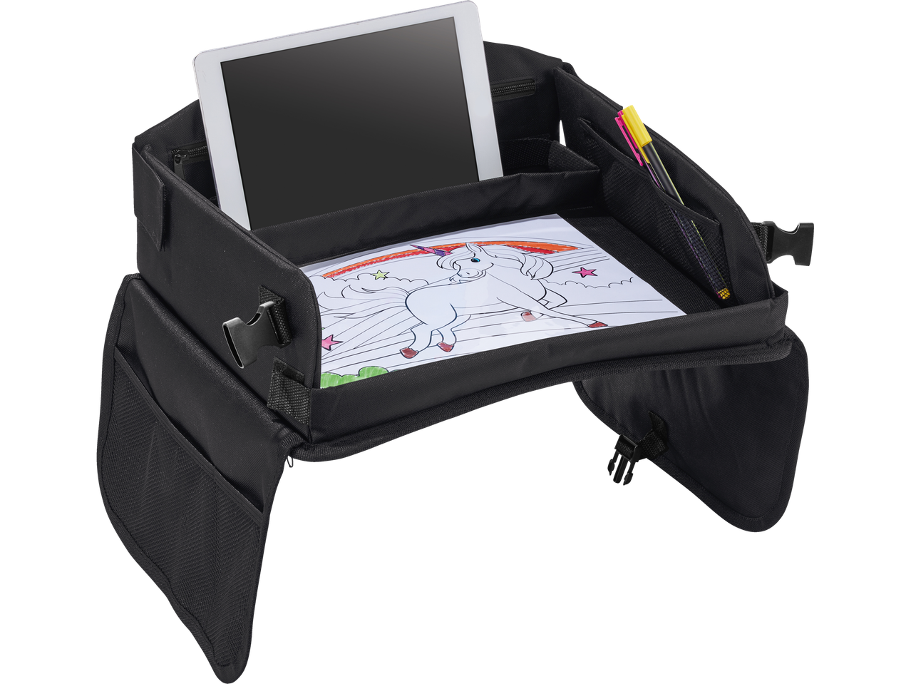 A black Portable Travel & Play Table with tablet and drawing space.