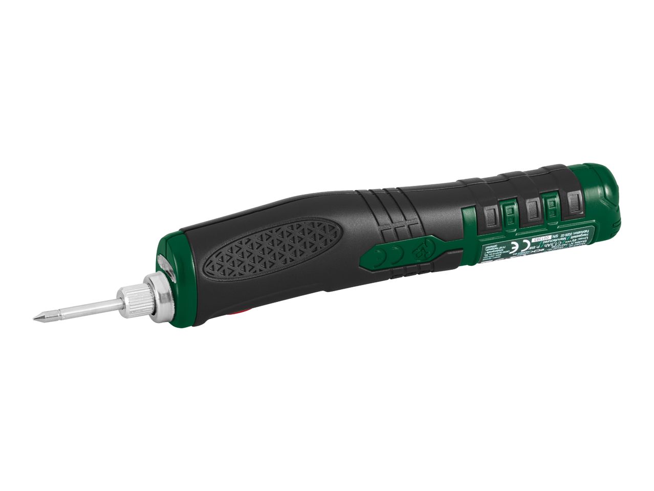 Cordless soldering iron with green and black handle, featuring product specifications.