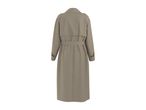 Back view of a long, light brown trench coat with a belt and buttons.