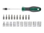 A screwdriver with interchangeable bits and sockets, including flathead, Phillips, and Pozidriv.