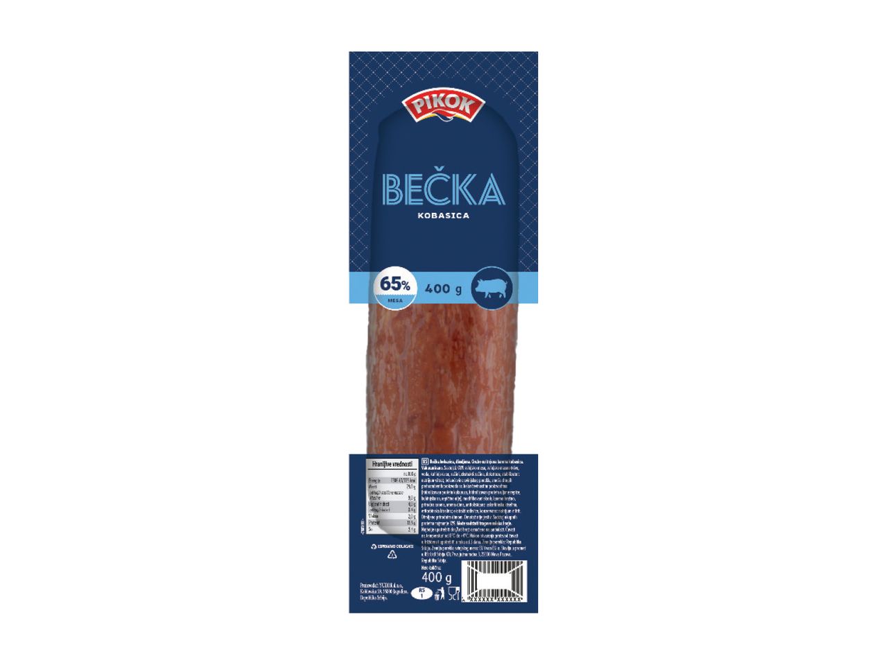 Pakovanje Pikok Bečka kobasica sa 65% mesa i 400g neto težine.
