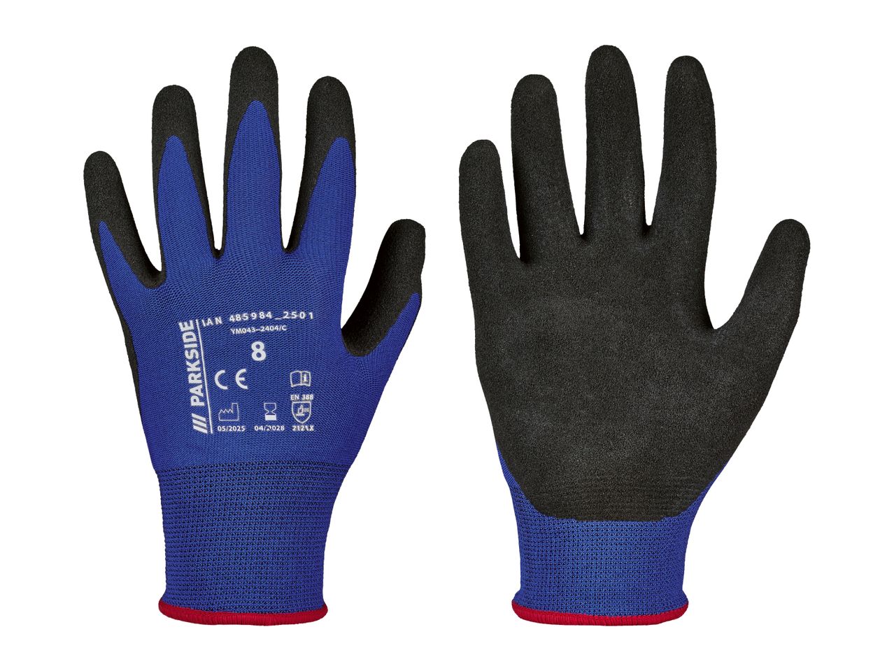 Pair of blue and black work gloves with size 8 and safety markings.
