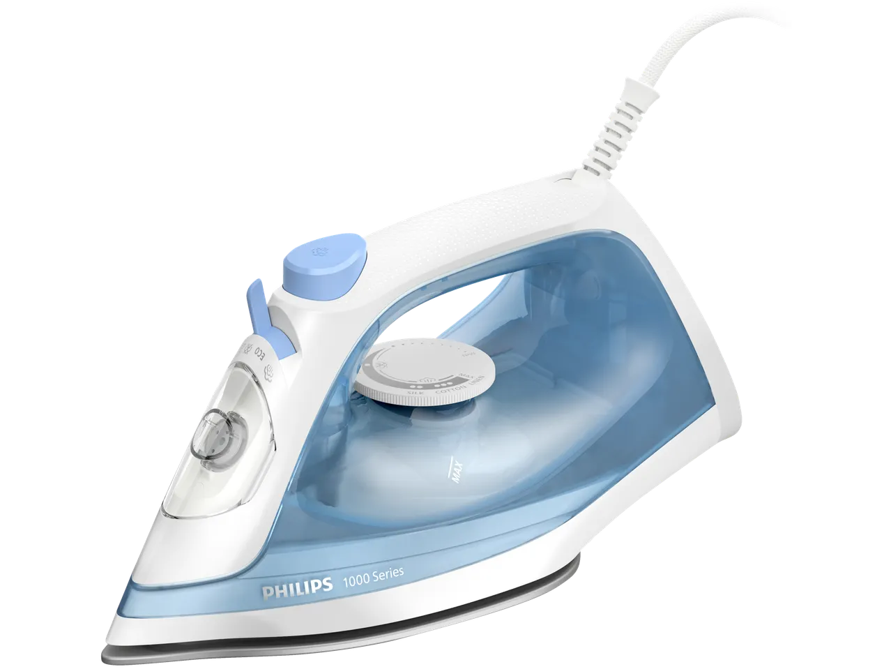 Парна ютия Philips 1000 Series в бяло и синьо с резервоар за вода.