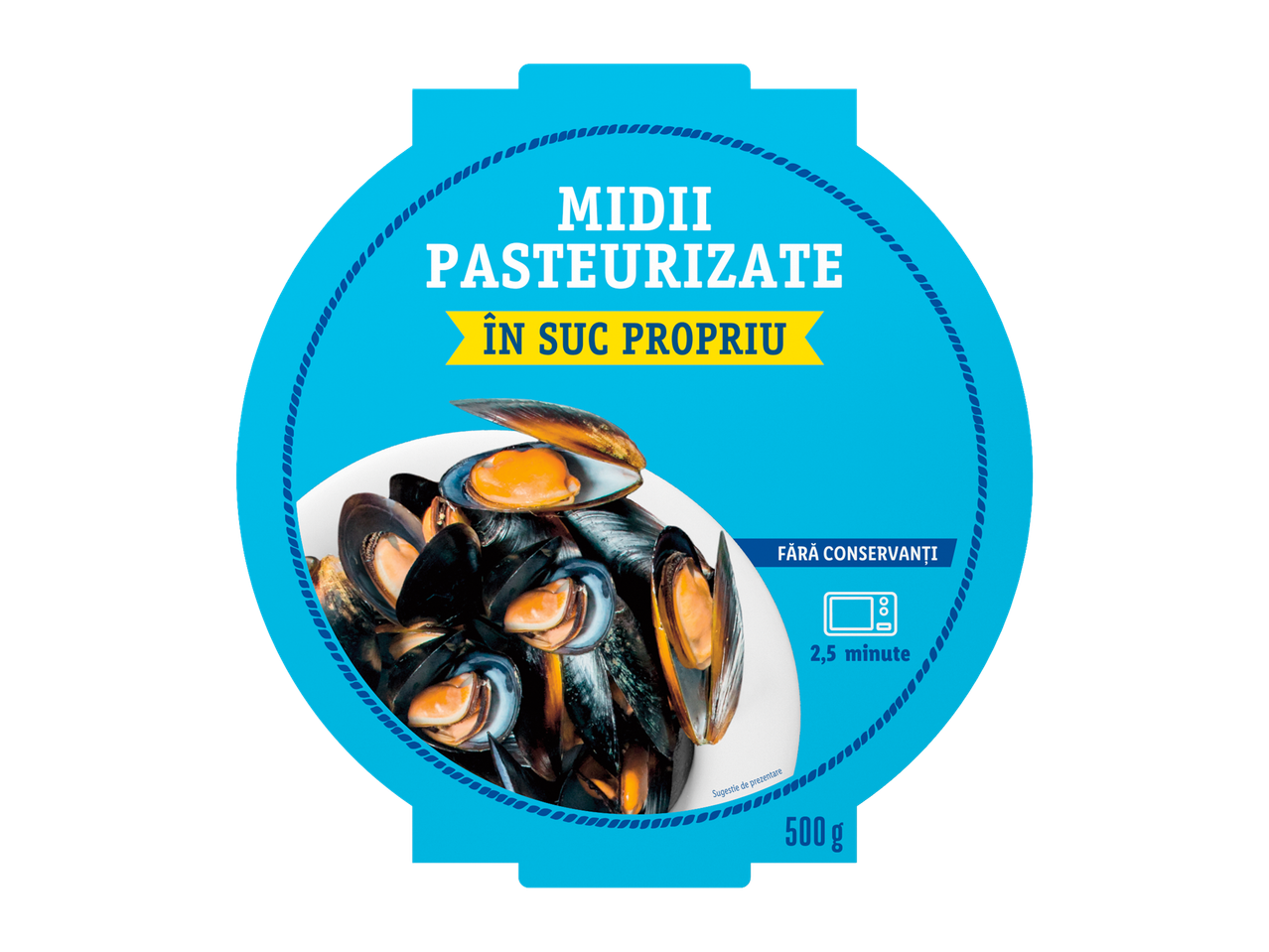 Midii pasteurizate în suc propriu, fără conservanți, gata în 2,5 minute, 500g.