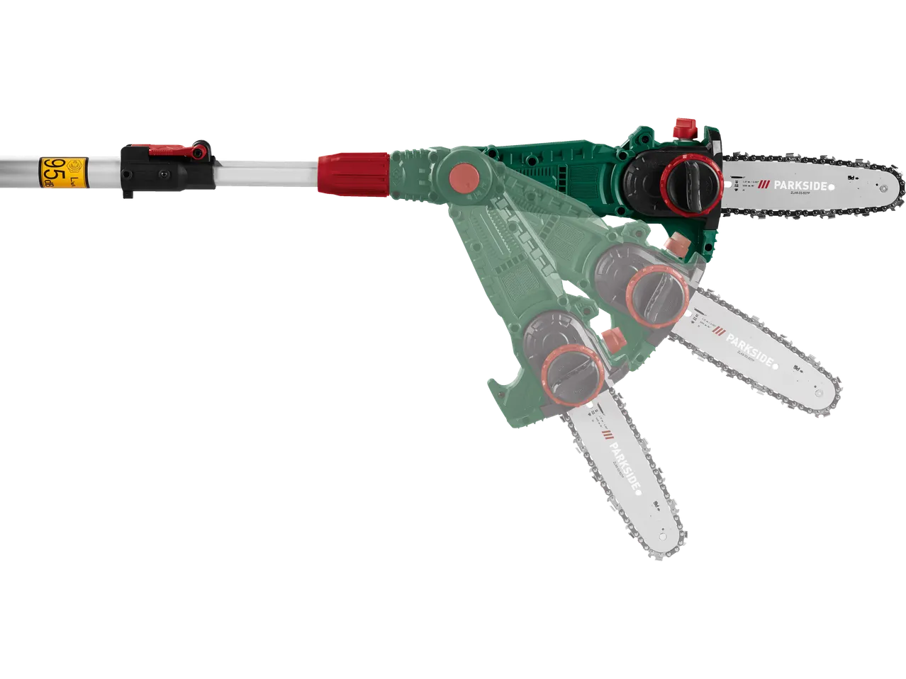 Motosserra telescópica a bateria PARKSIDE com cabeça ajustável e nível de ruído de 95 dB.