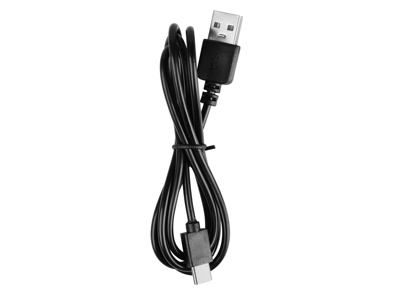 Black USB-A to USB-C charging cable, coiled and secured with a tie.