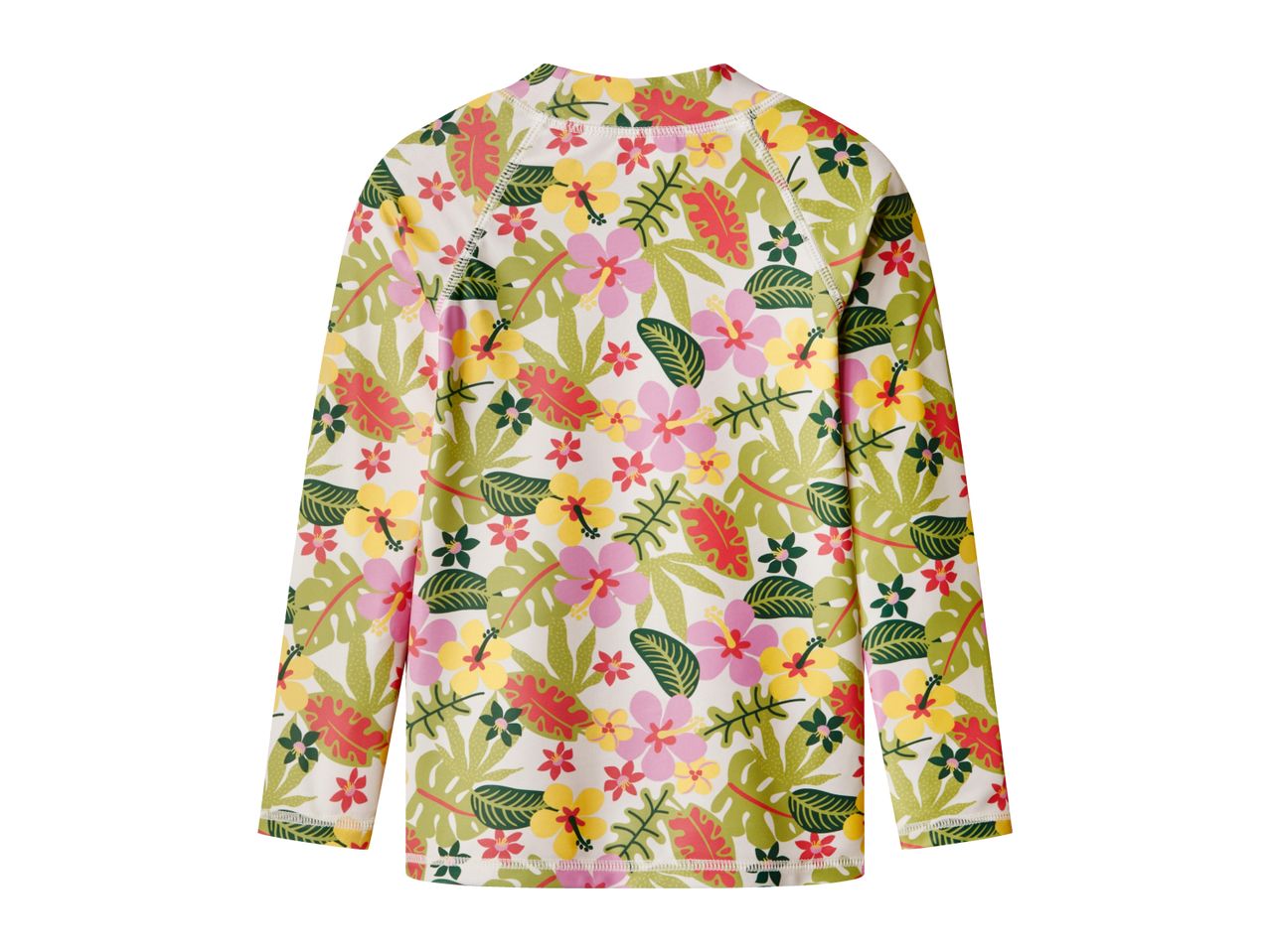 White long-sleeved rash guard with a vibrant tropical floral and leaf pattern