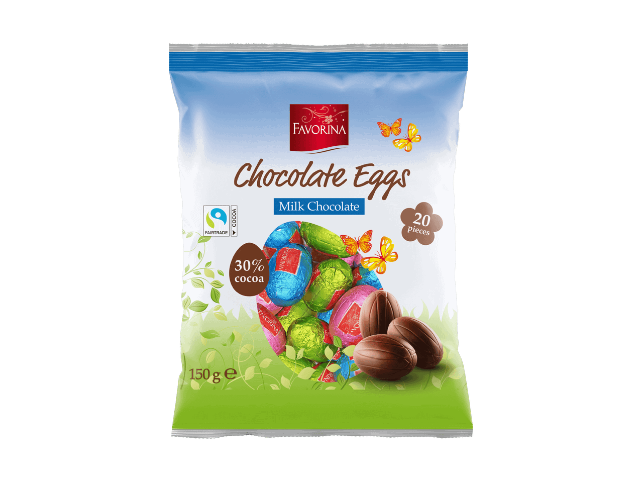 Beutel mit Schokoladeneiern, Milchschokolade, 30% Kakao, 20 Stück, 150g, Fairtrade