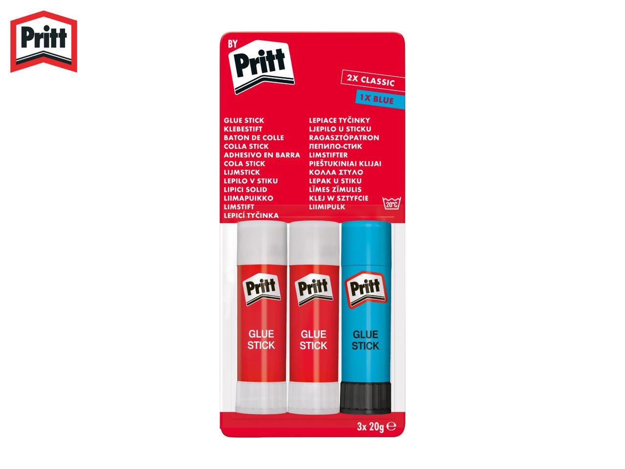 Three glue sticks, two classic and one blue, with multilingual product descriptions.