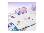 Desk setup with a marbled pencil case, notebooks, and correction tapes, featuring a cloud lamp.