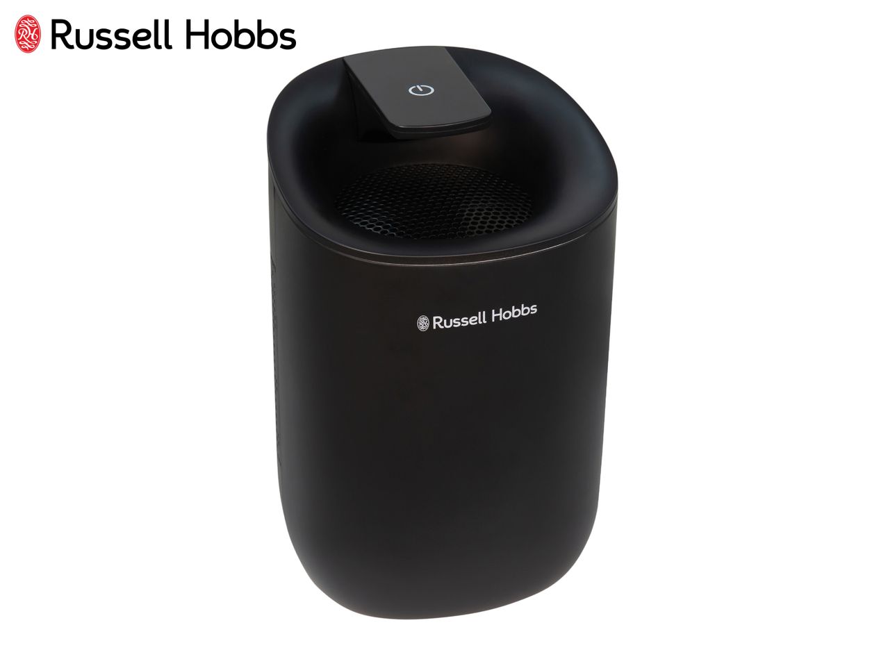 Russell Hobbs black air purifier with a power button on top.