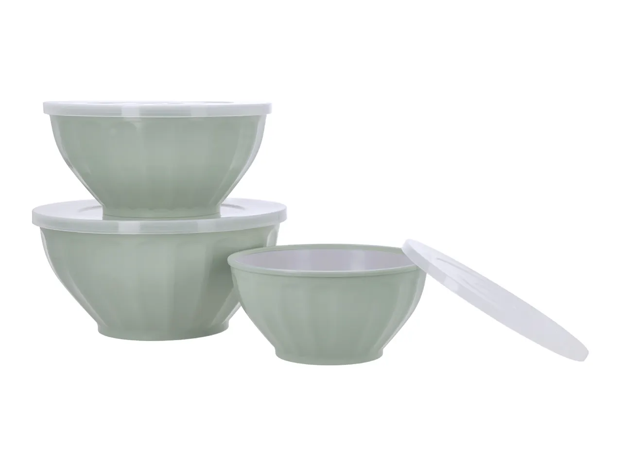 Set of three light green mixing bowls with white lids, two stacked, one open.