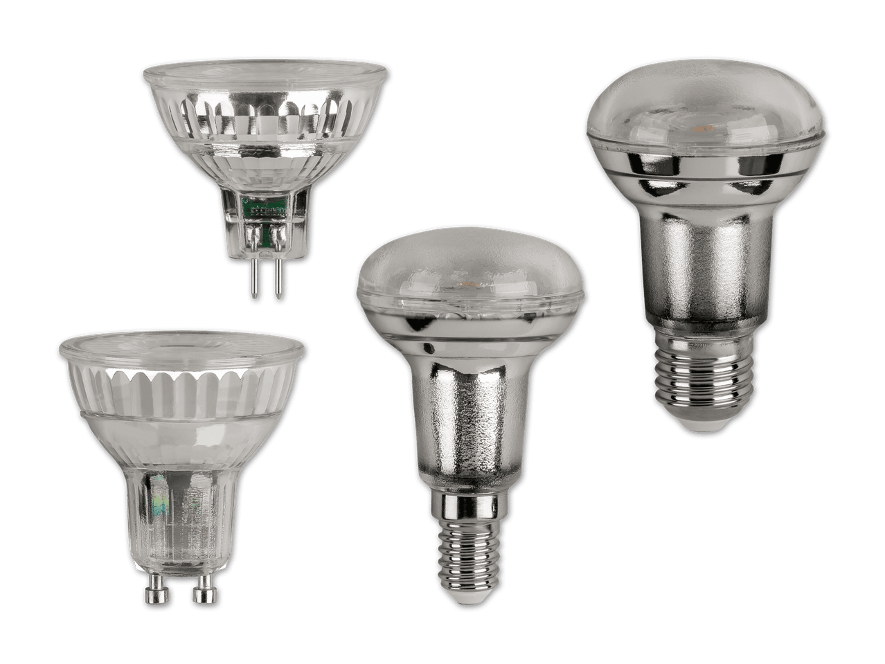 Vier verschiedene LED-Lampen, darunter GU10- und E14-Fassungen, auf schwarzem Hintergrund.