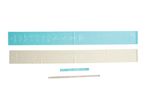 Four Crivit resistance bands in blue and beige, with exercise diagrams and product information.