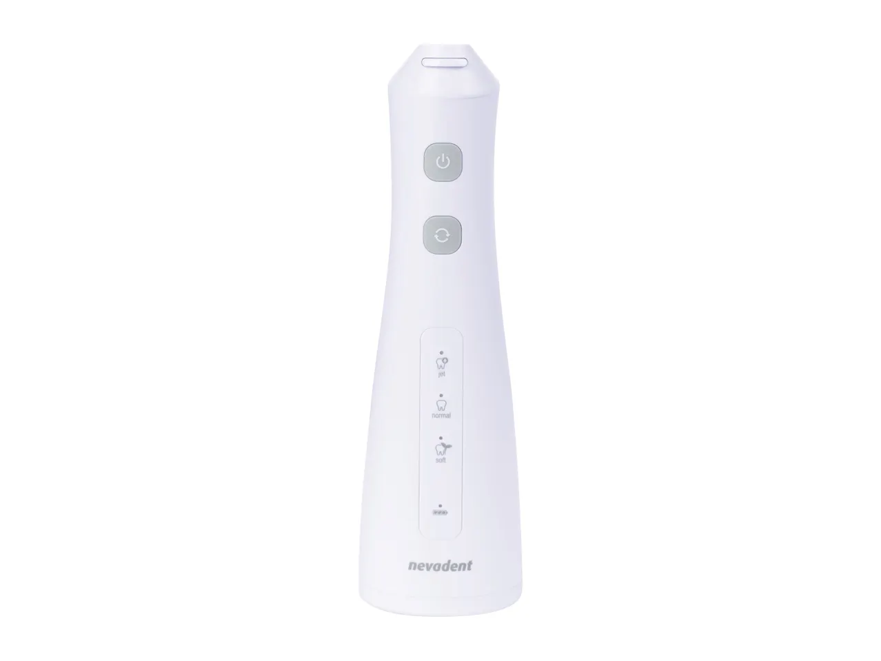 Nevadent cordless water flosser with jet, normal, and soft settings.
