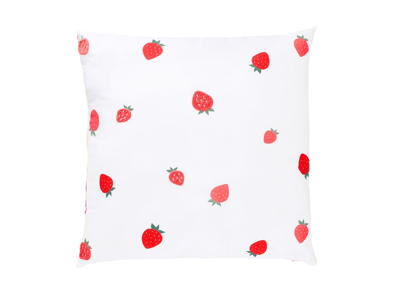 White pillow with a scattered red strawberry pattern, some embroidered and some printed.