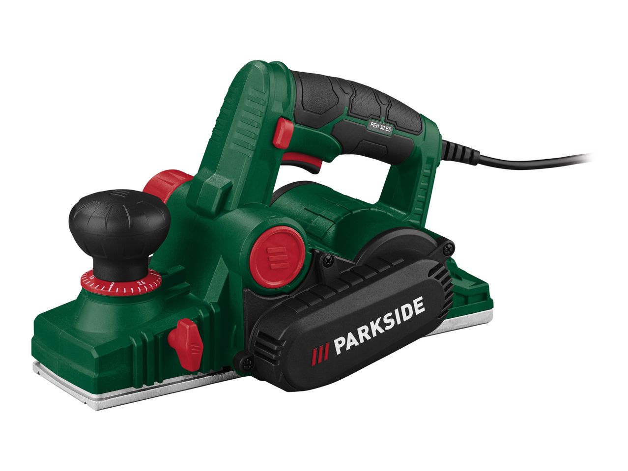 A Parkside electric hand planer, a green and red power tool for woodworking.