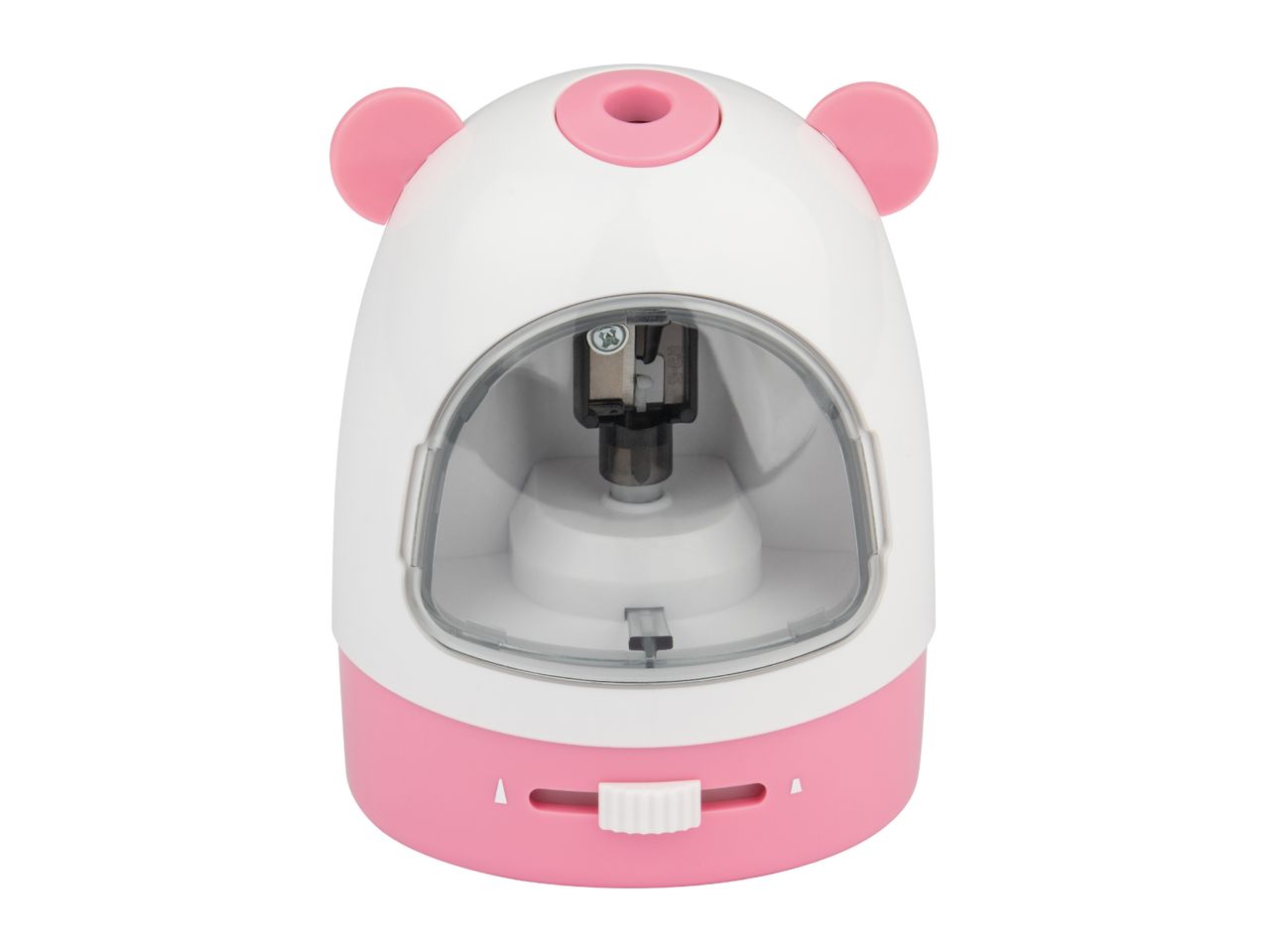 White and pink electric pencil sharpener with a transparent shaving receptacle.