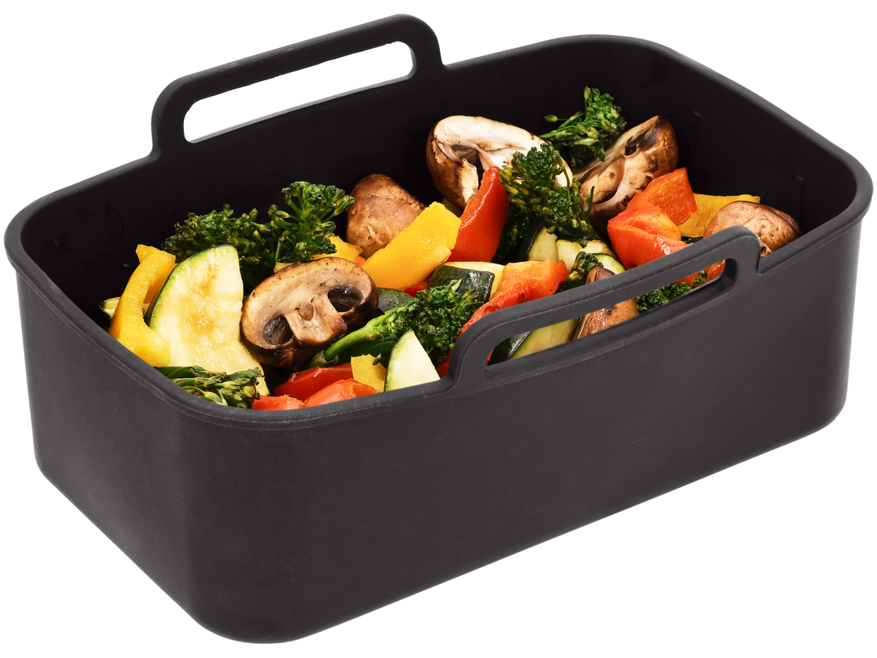SILVERCREST® Silicon Air Fryer Insert with roasted vegetables: broccoli, mushrooms, peppers, zucchini.